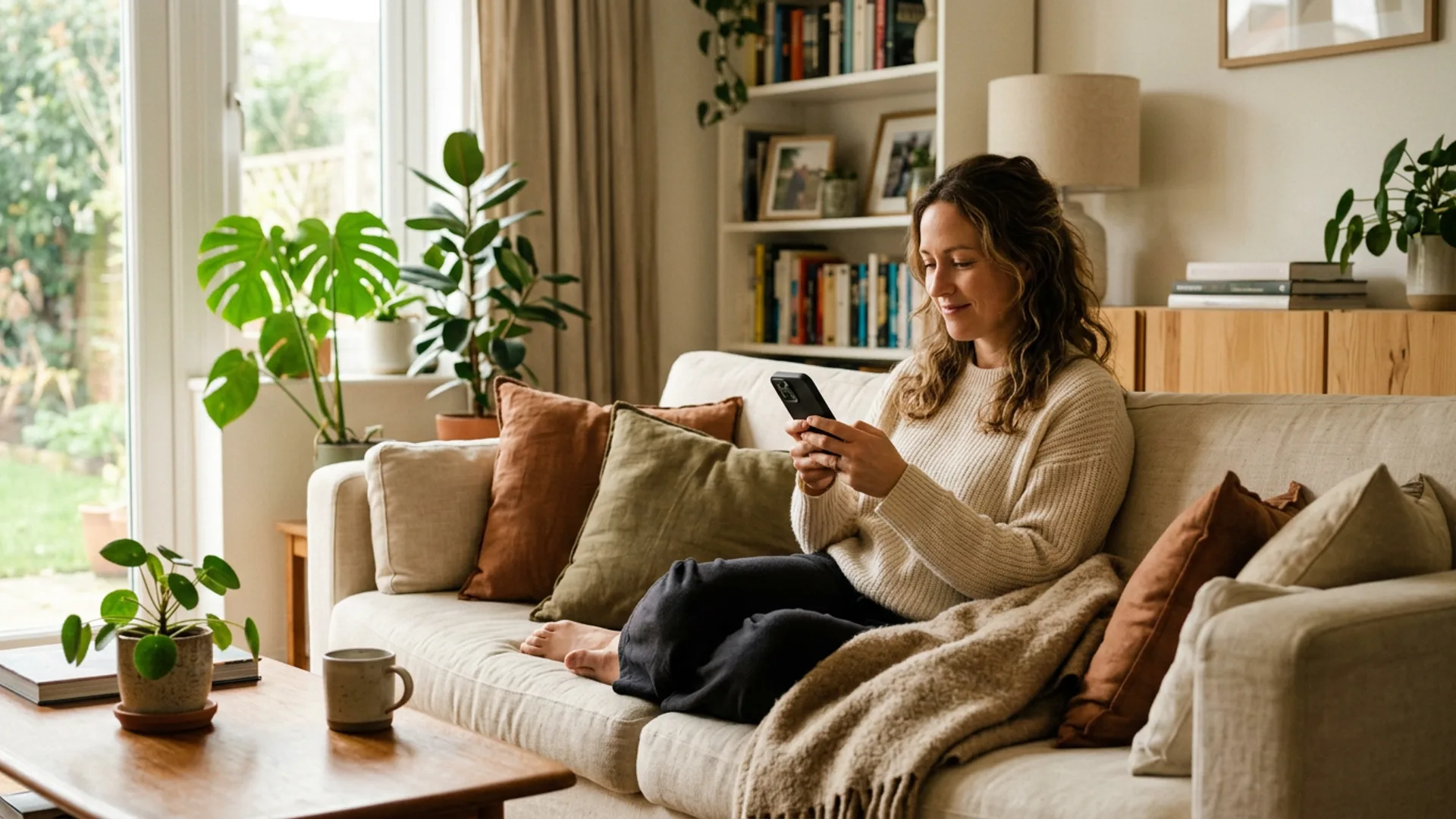 Person resting on a couch, warm evening light